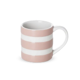 Pink and white striped mug on a white background