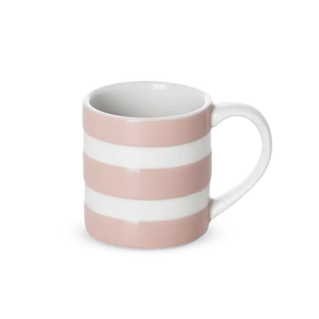 Pink and white striped mug on a white background