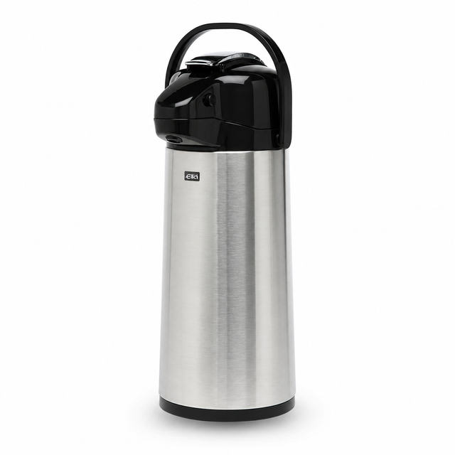 Elia BGL-1900S 1.9L stainless steel lever airpot with black lid and carrying handle on a white background