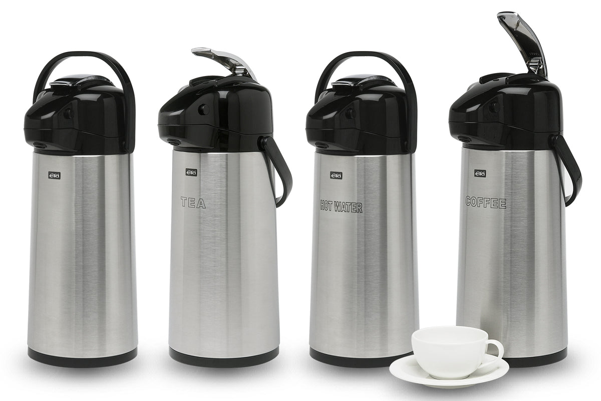Elia BGL stainless steel airpot range showing carrying handles and raised dispensing levers