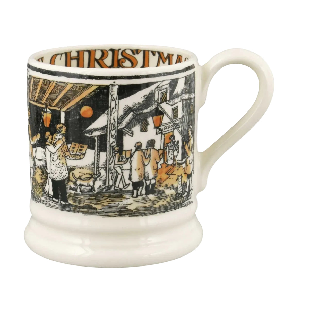 Emma Bridgewater Christmas Carolling 1/2 Pint Mug – front view of the Christmas carol singers and winter scene