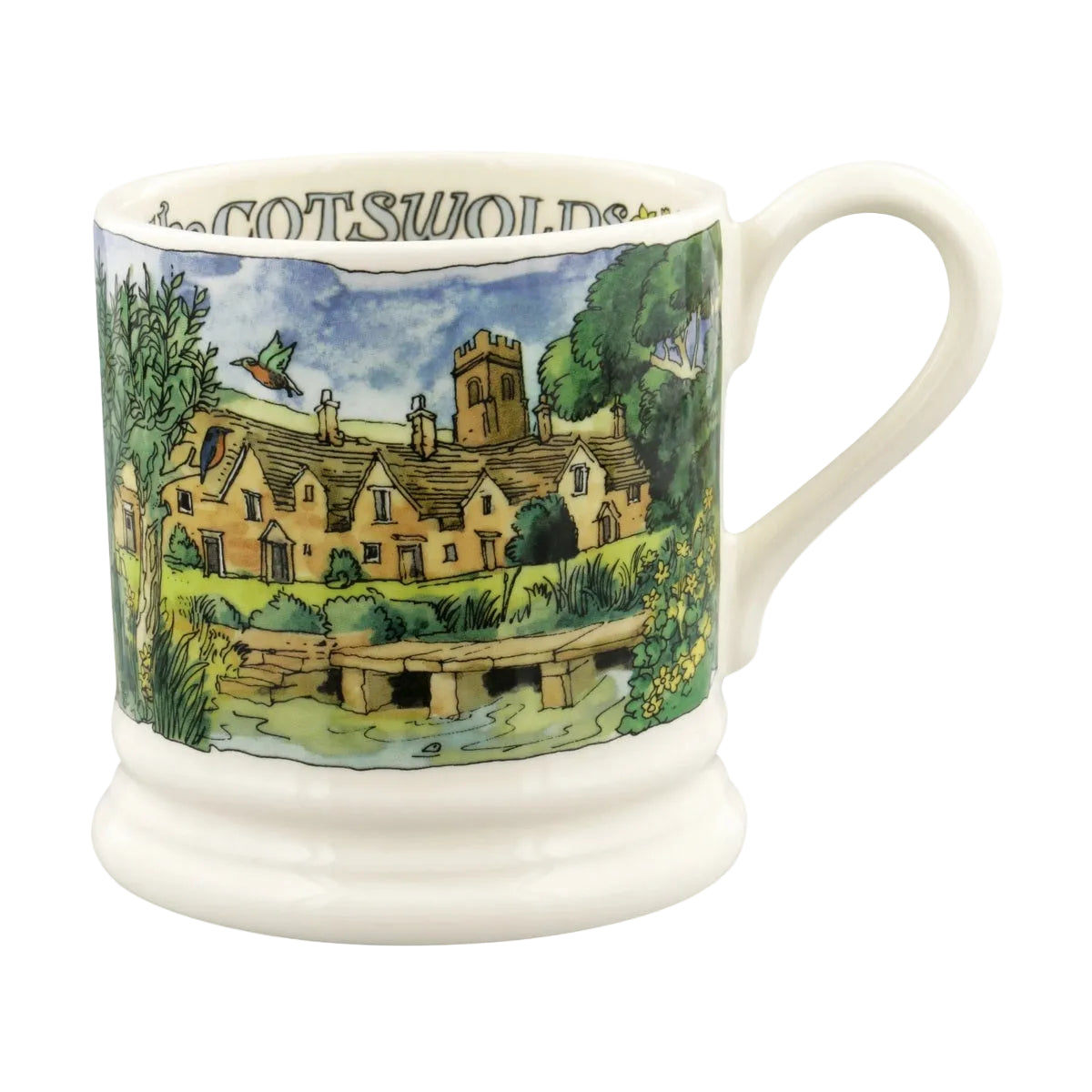 Emma Bridgewater Landscapes of Dreams Cotswolds 1/2 Pint Mug – front view of Cotswold cottages and green countryside