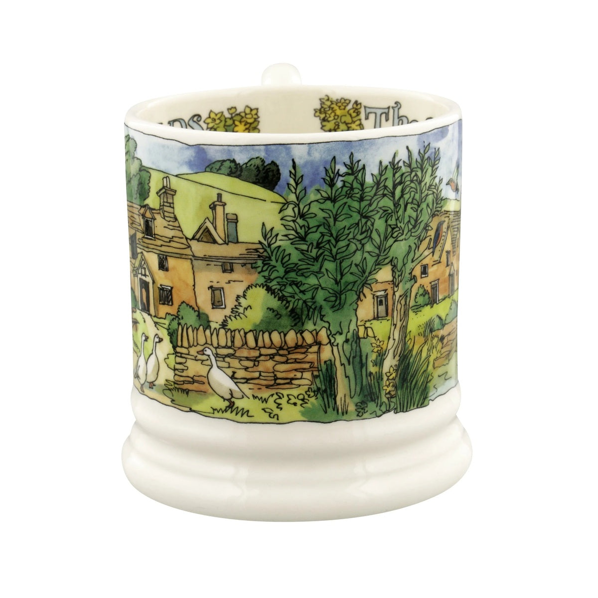 Emma Bridgewater Landscapes of Dreams Cotswolds 1/2 Pint Mug – side view of the village illustration