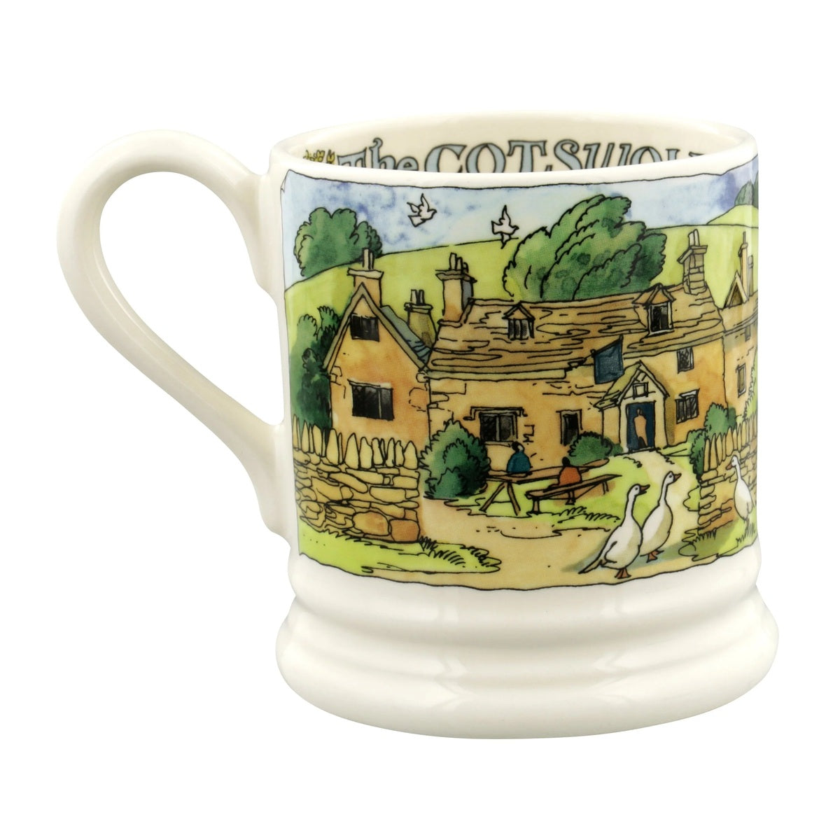 Emma Bridgewater Landscapes of Dreams Cotswolds 1/2 Pint Mug – reverse view of cottages and rolling hills