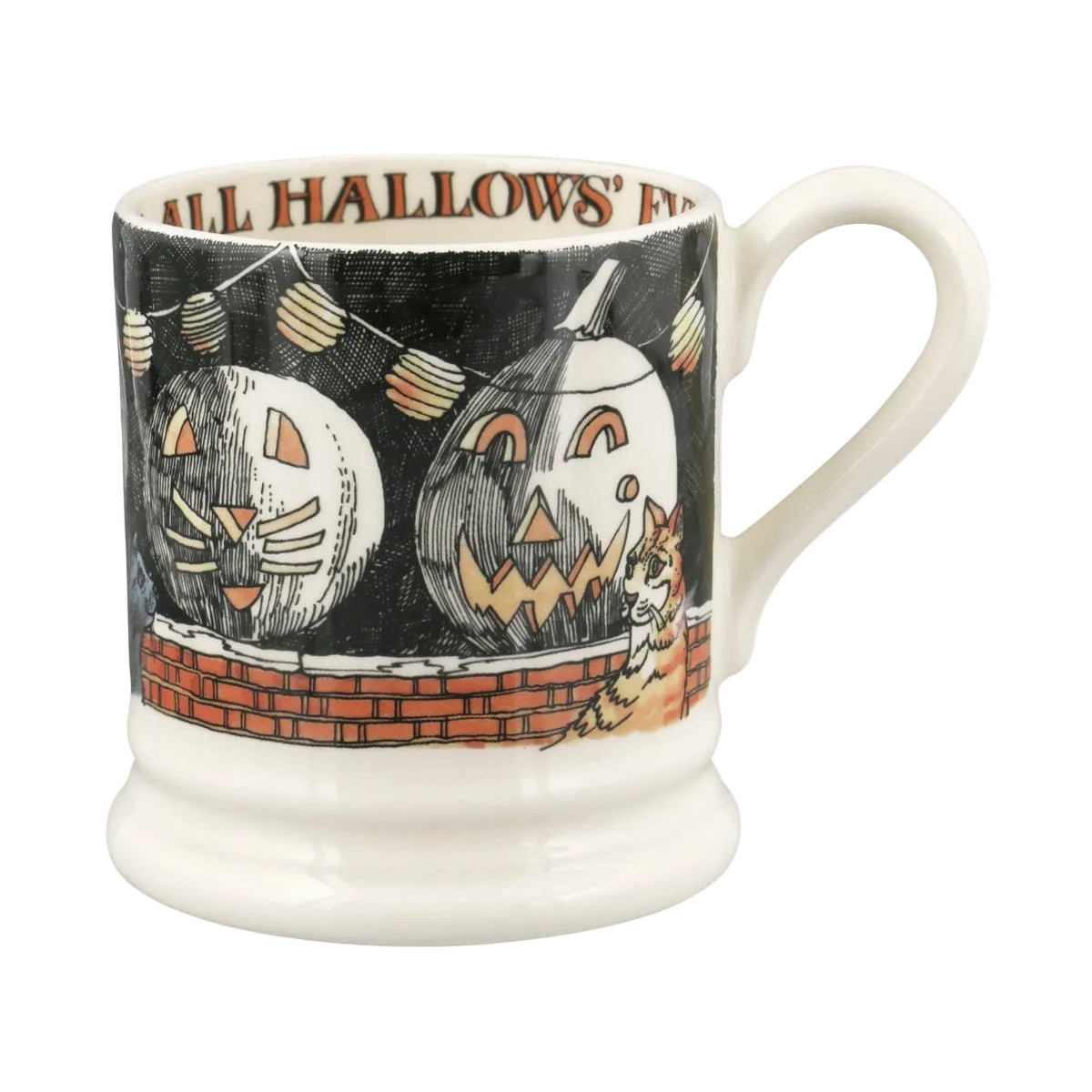Emma Bridgewater All Hallows Eve 1/2 Pint Mug – front view of carved pumpkins and a black cat
