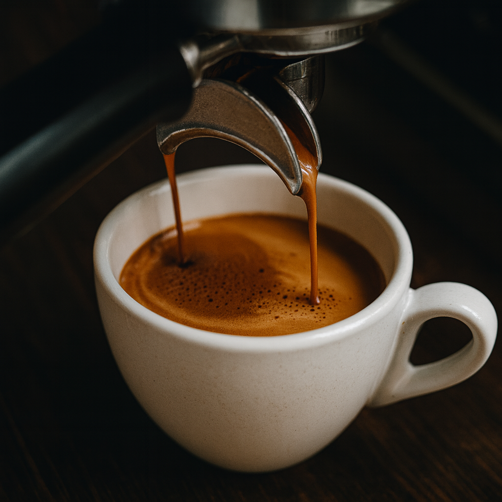 Espresso being poured from a portafilter into a white cup.