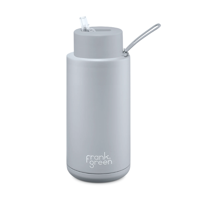 A gray ceramic reusable bottle with a stainless steel outer layer, featuring a straw lid and the Frank Green brand logo.