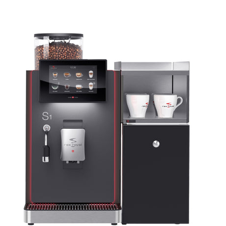 Rex-Royal S1 bean-to-cup coffee machine, featuring a compact Swiss-made design with a 7-inch touchscreen and advanced milk system. Perfect for small businesses like bakeries, restaurants, and offices, the S1 offers automated cleaning and customisable options for serving high-quality coffee drinks with precision and ease