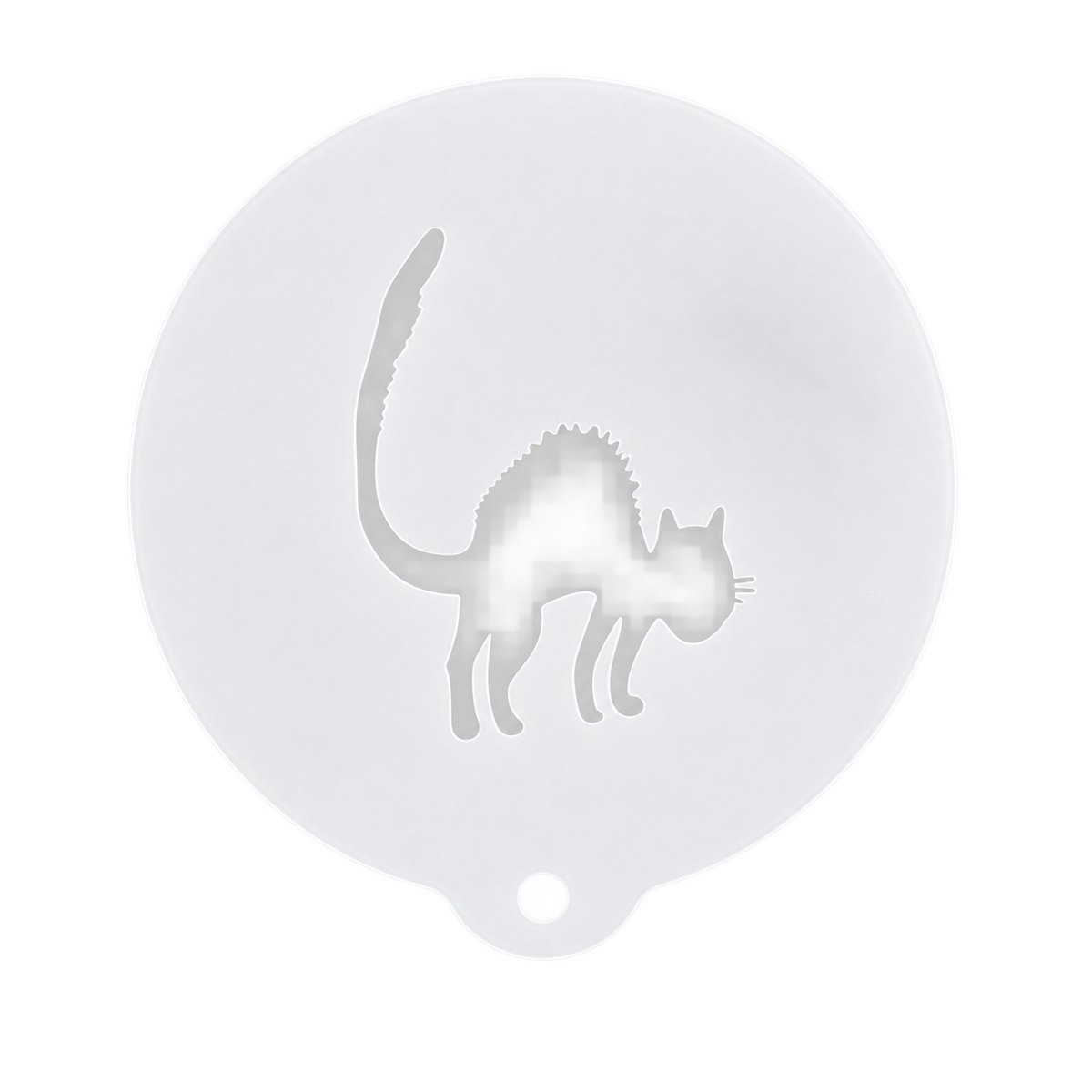 White Halloween Scary Cat barista stencil with an arched-back cat cut-out and hanging hole