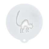 White Halloween Scary Cat barista stencil with an arched-back cat cut-out and hanging hole