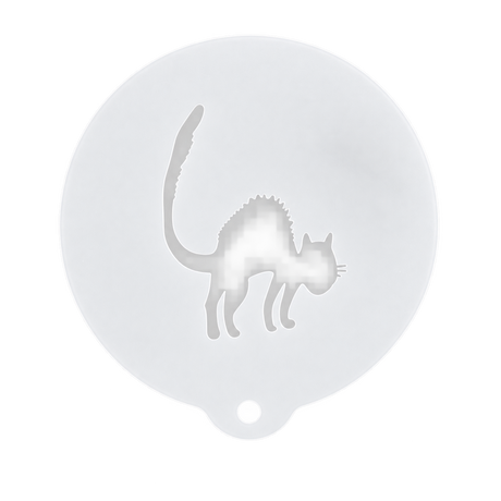 White Halloween Scary Cat barista stencil with an arched-back cat cut-out and hanging hole