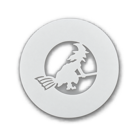 White Halloween Witch barista stencil with a witch riding a broomstick design
