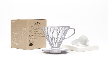 Hario V60 Size 02 transparent plastic dripper set with scoop and 40 filter papers