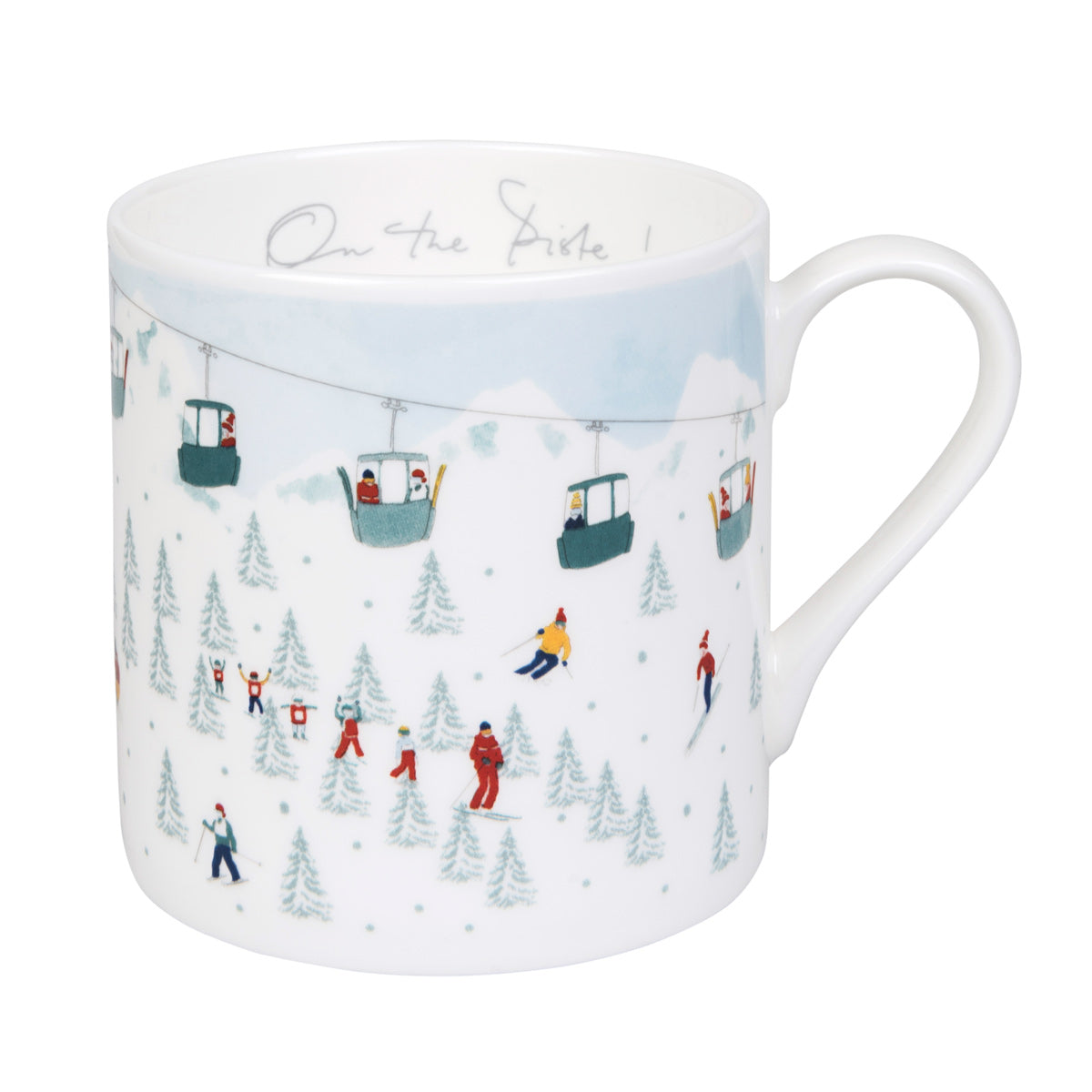 Sophie Allport Skiing On the Piste large 425ml mug with skiers, snowboarders and gondola lifts