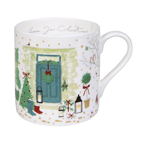 Sophie Allport Holly & Berry Home for Christmas 425ml mug with wreath-covered door and lanterns