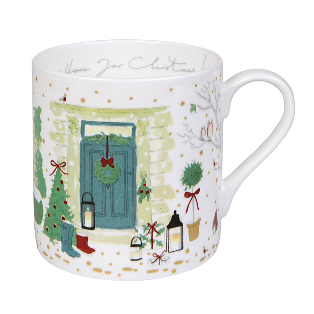 Sophie Allport Holly & Berry Home for Christmas 425ml mug with wreath-covered door and lanterns