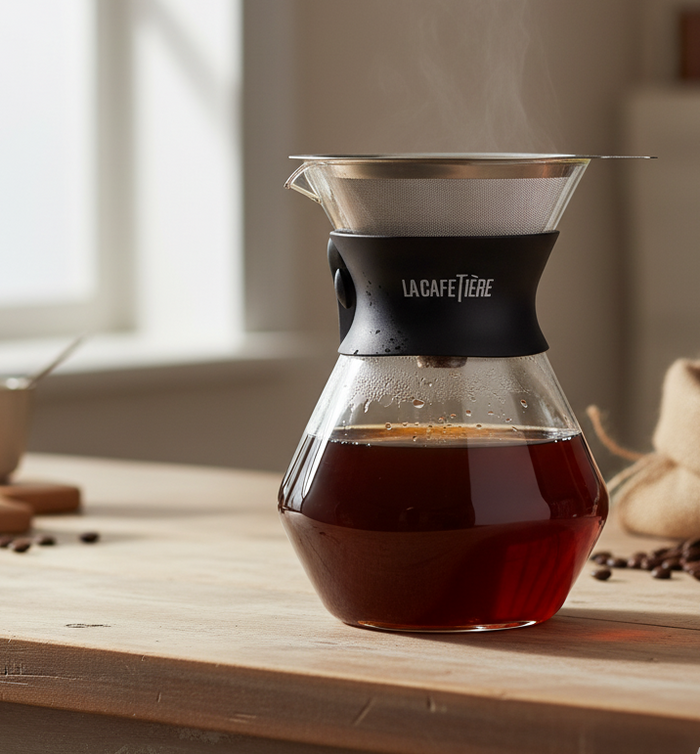 La Cafétière coffee maker with steaming coffee on a wooden table.