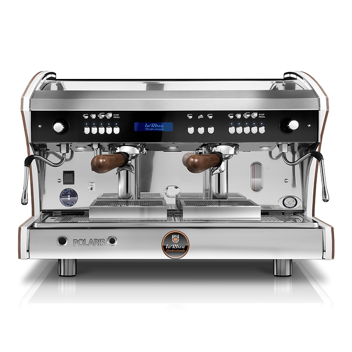 Commercial espresso machine with Polares branding on a white background