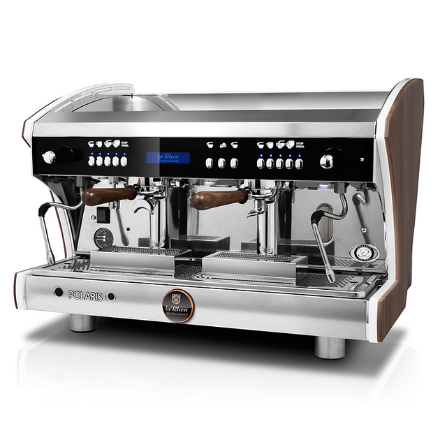 Commercial espresso machine with wooden accents on a white background