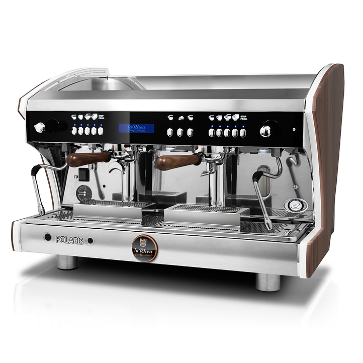 Commercial espresso machine with wooden accents on a white background