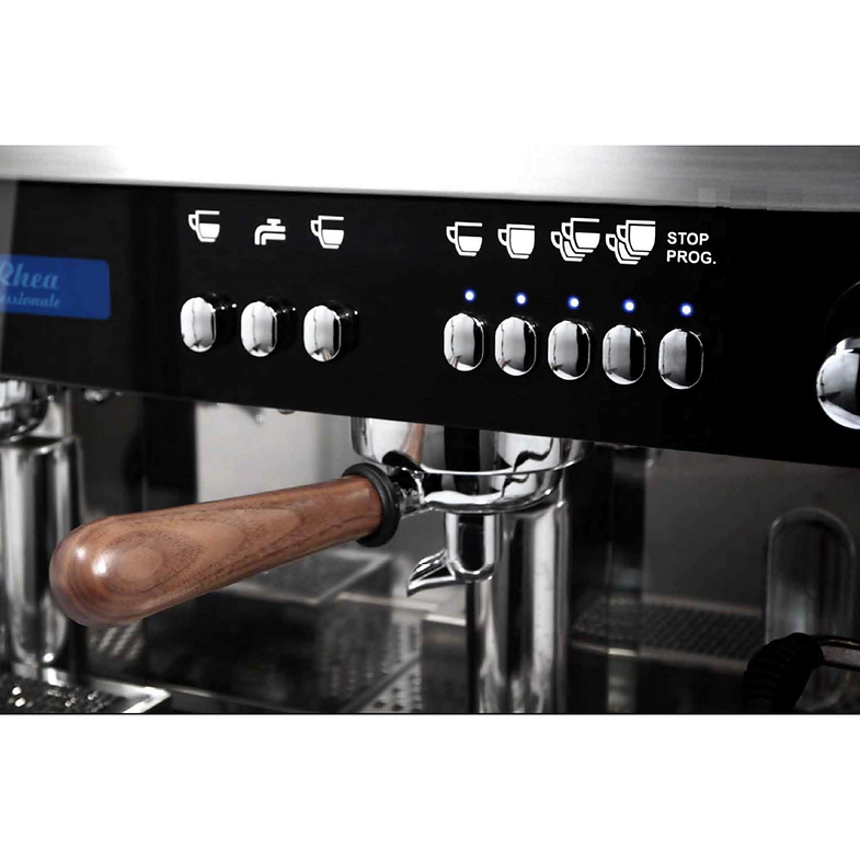 Close-up of a coffee machine with control panel and wooden handle