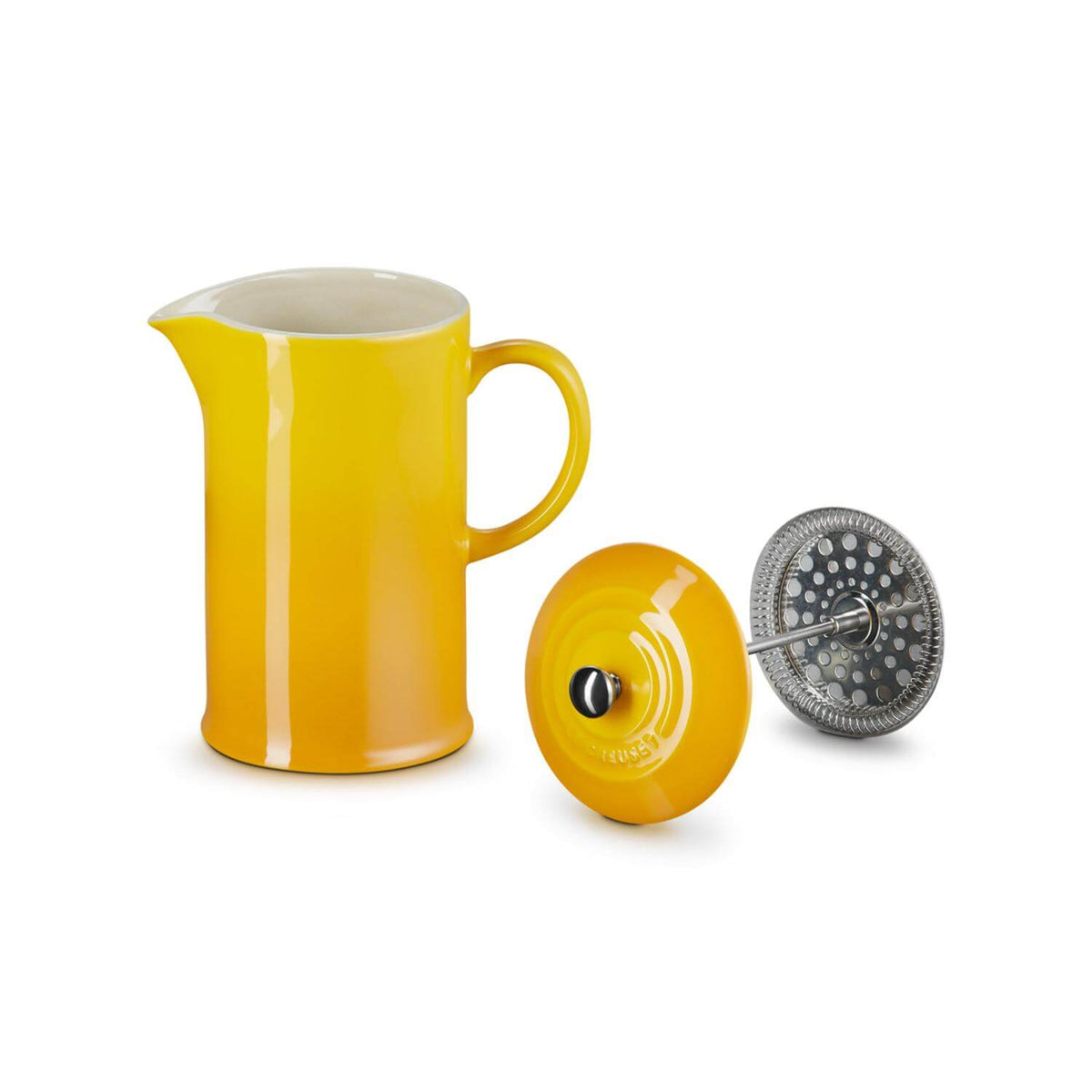 Le Creuset Stoneware Cafetière 1000ml in Nectar, with lid and plunger removed on a white background