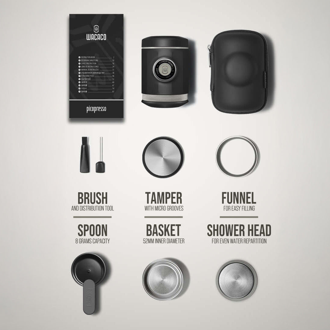 Collection of coffee brewing tools including a brush, spoon, tamper, funnel, and shower head on a light gray background.