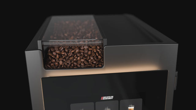 Bravilor Esprecious 22 Bean-to-Cup Coffee Machine – modern design with user-friendly touchscreen, dual canisters for coffee beans and instant ingredients, automatic rinsing program, and capacity for up to 220 cups per day. Perfect for large-scale environments.