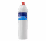 White cylindrical filter with blue label on a white background