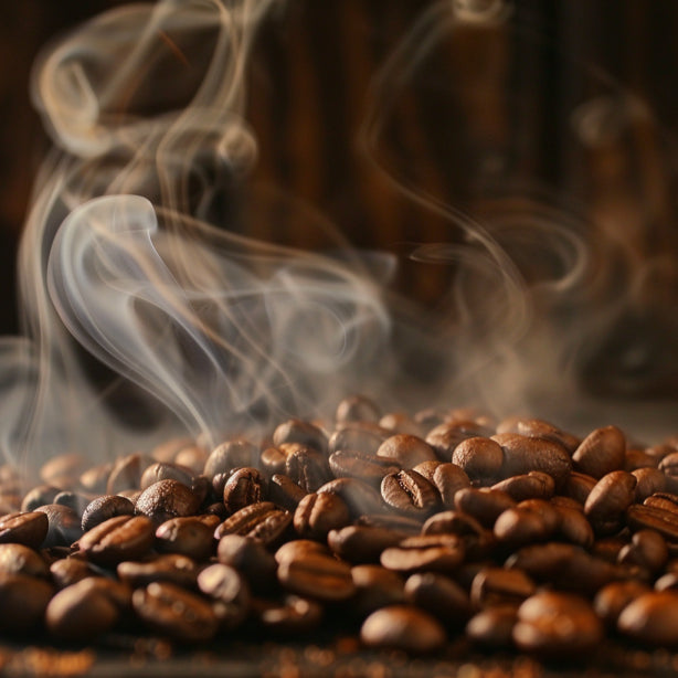 Roasted coffee beans with smoke rising in a warm setting