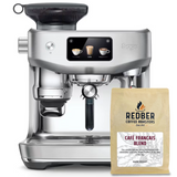 Sage espresso machine with a bag of Redber Coffee Roasters Cafe Français Blend on a white background
