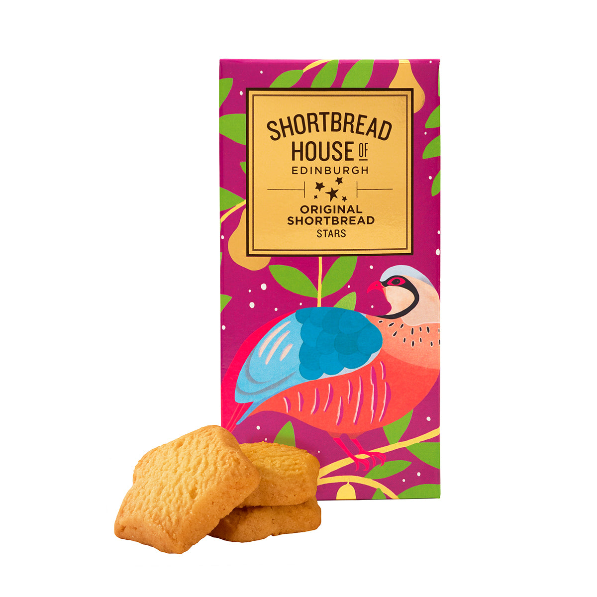 A colorful packaging of Shortbread House Christmas Partridge Shortbread Original Stars with illustrations of partridges and foliage. Next to the box are two mini shortbread star biscuits.