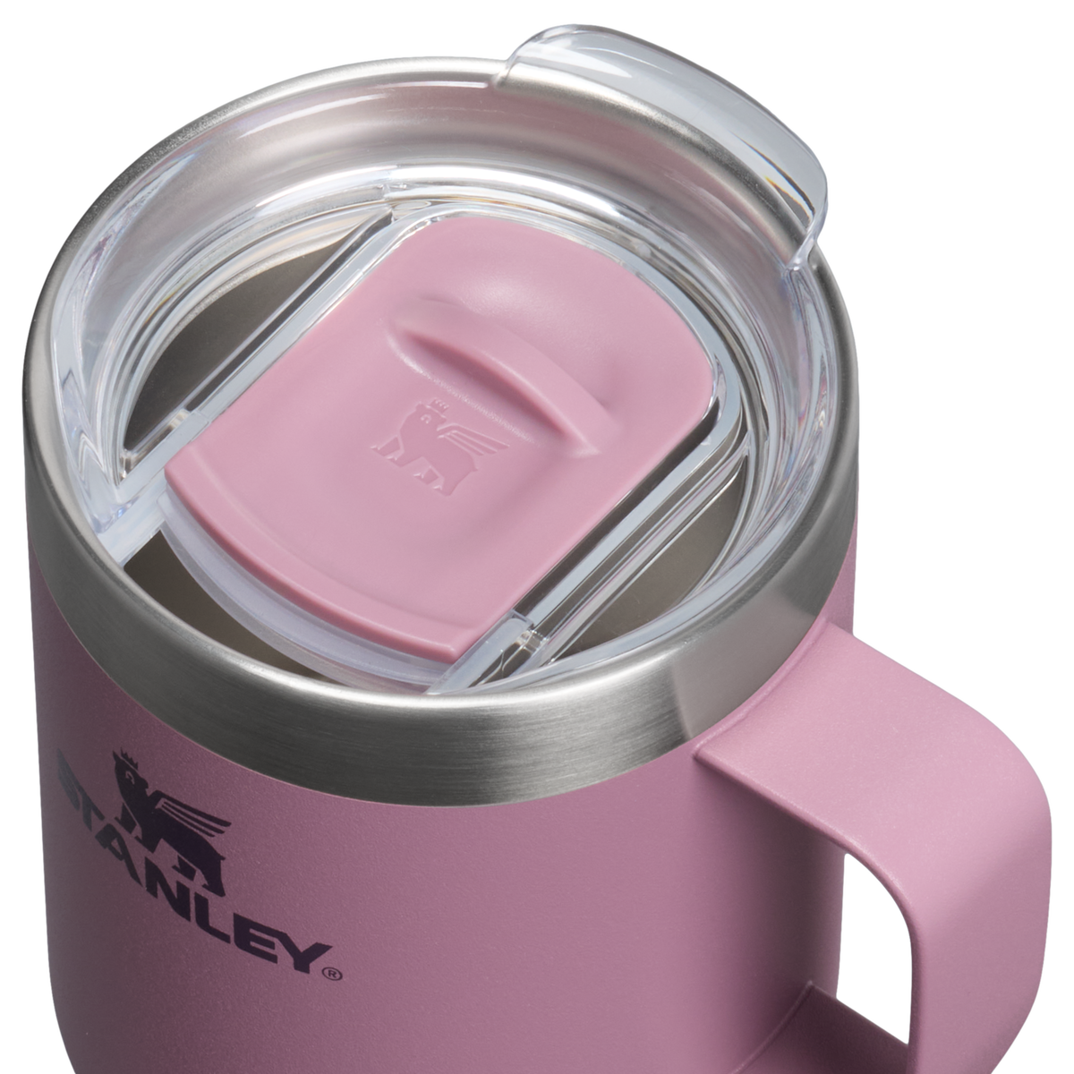 Close-up of the Purple Smoke Stanley Everyday Camp Mug lid and drinking opening