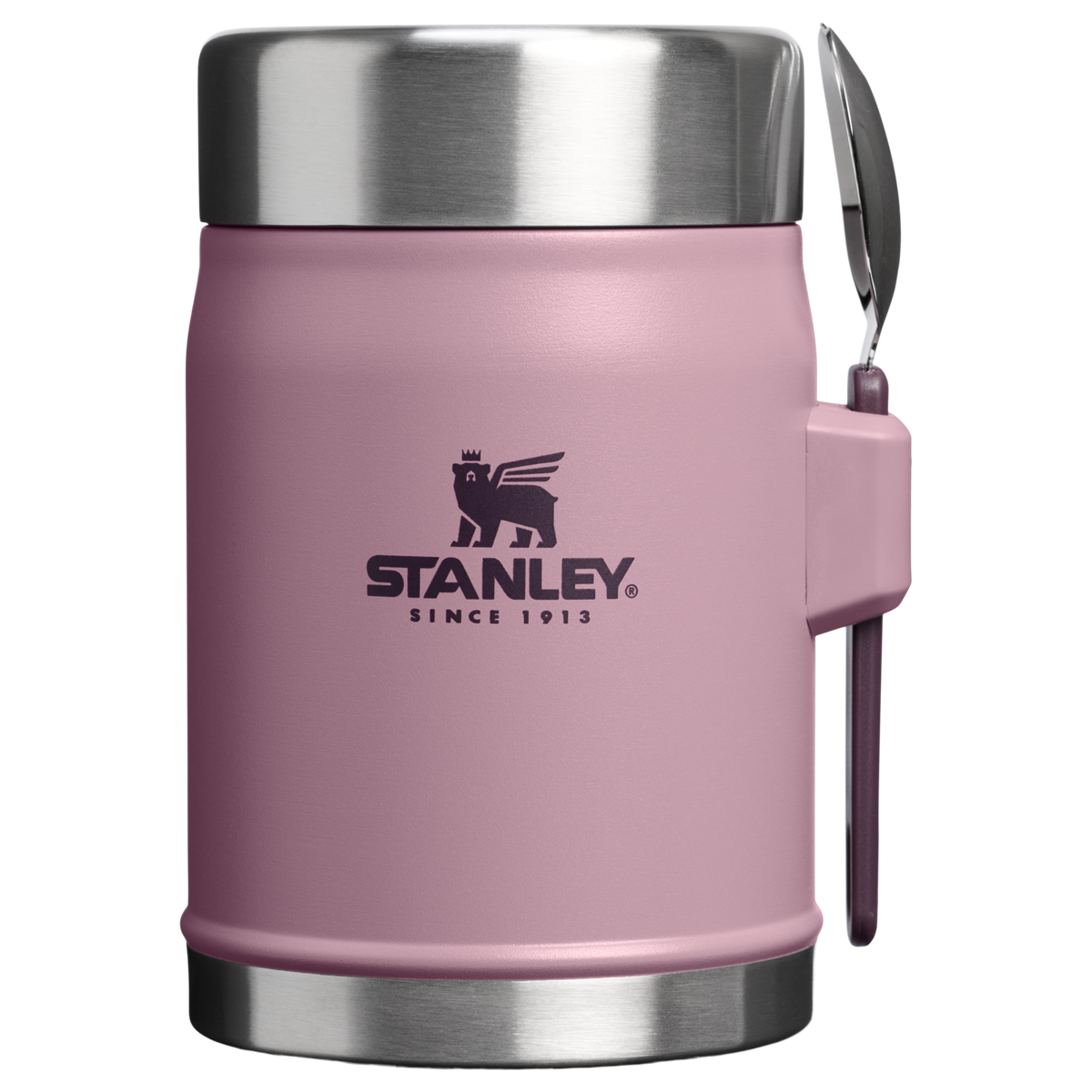 Stanley Legendary 0.4L food jar in Purple Smoke with steel spork stored at the side