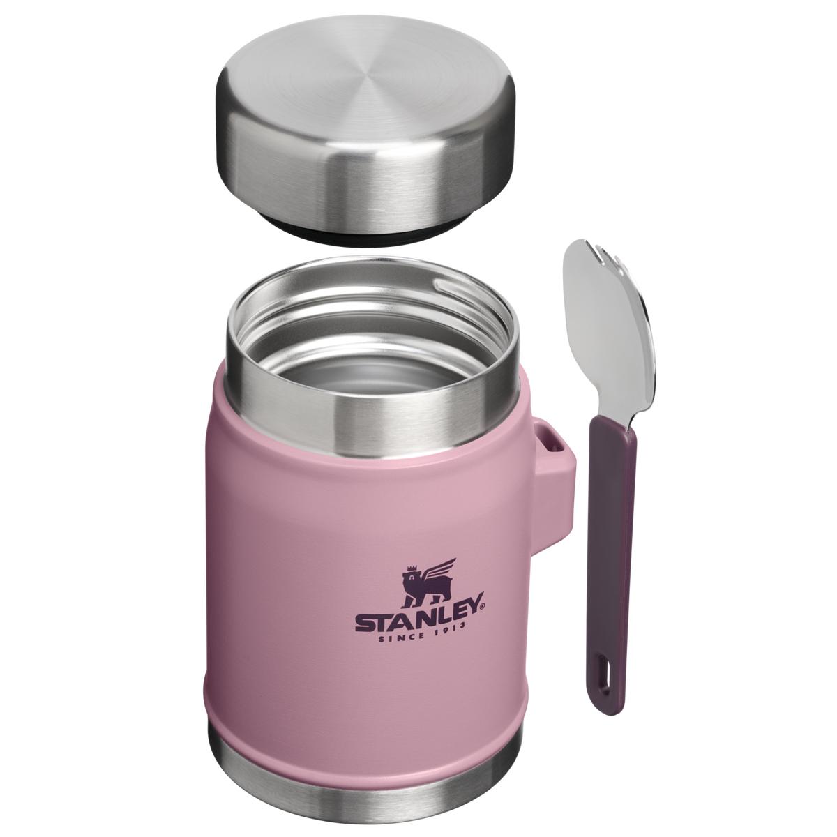 Stanley Purple Smoke food jar with lid removed, showing its wide opening and spork