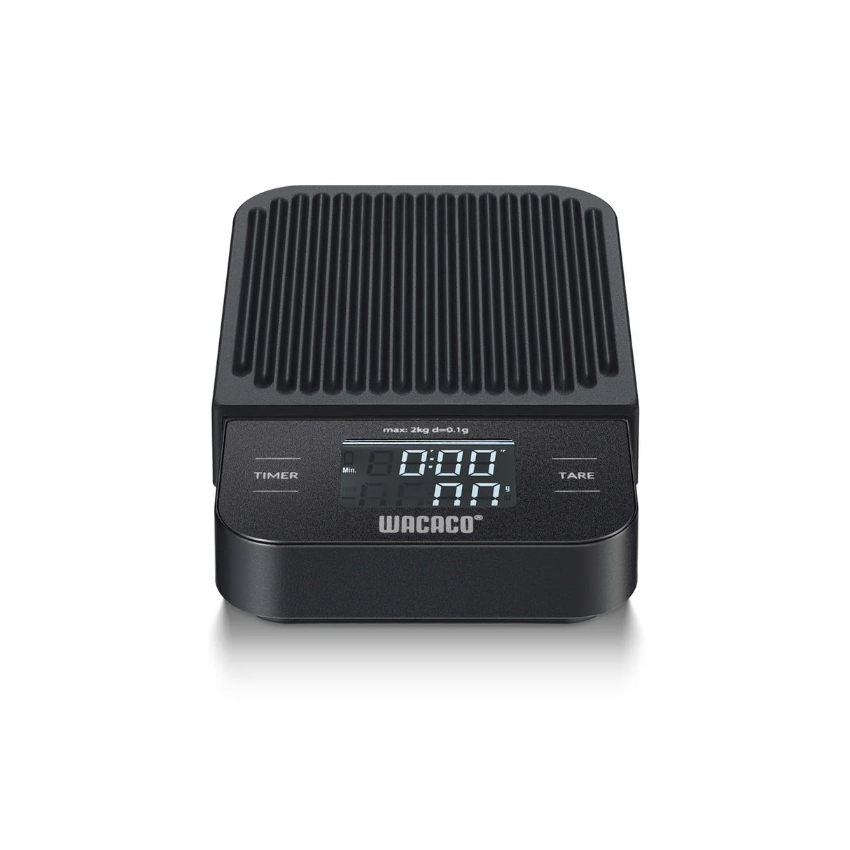 Black Wacaco coffee scale with digital display on a white background