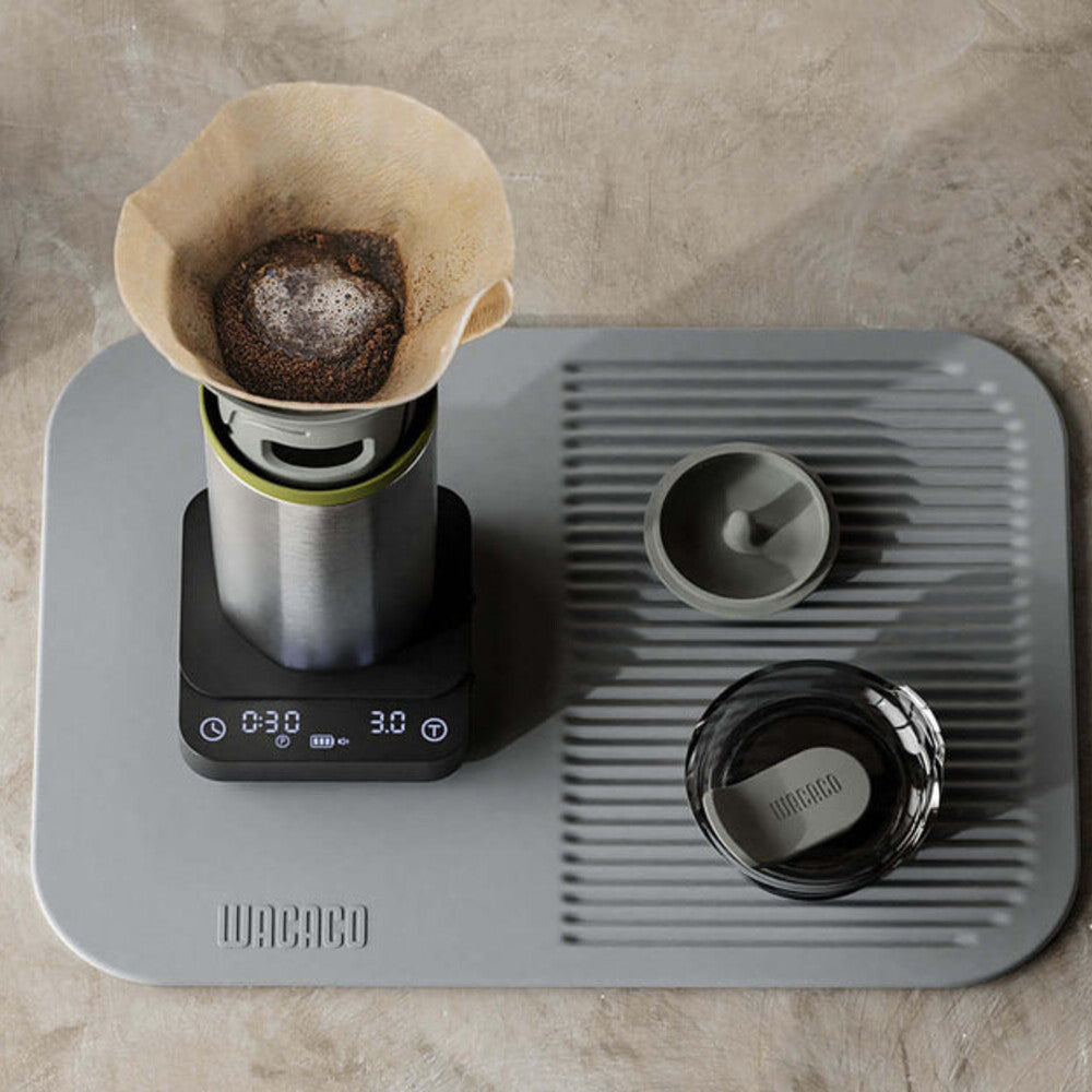 Wacaco Exagram Pro scales with a coffee grinder and brewing accessories