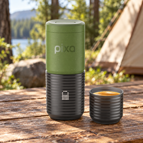 Wacaco Pixapresso Electric Portable Espresso Maker in Olive Green on a wooden table at a woodland campsite