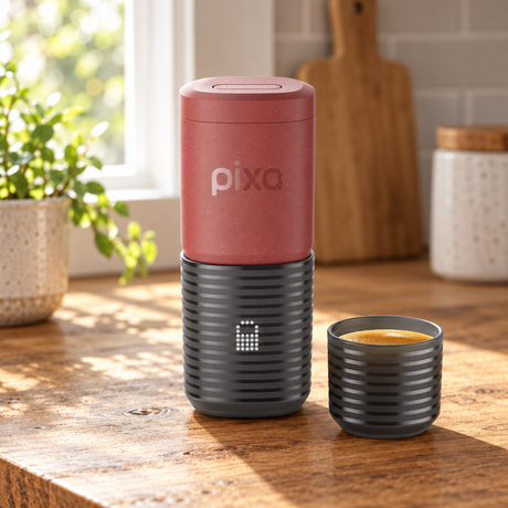 Wacaco Pixapresso Electric Portable Espresso Maker in Tuscan Red on a wooden kitchen table beside a window