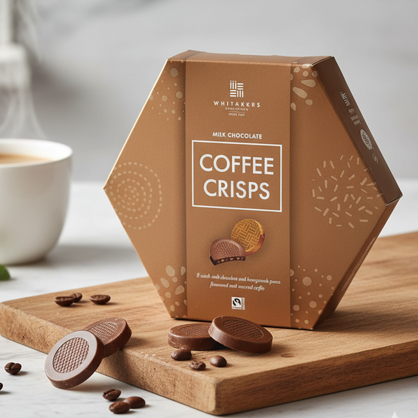 Box of Whitaker's Coffee Crisps on a wooden board with chocolate pieces and coffee beans.