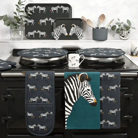 Sophie Allport Zebra Statement Tea Towel in kitchen, designer kitchen, aga stove, 
