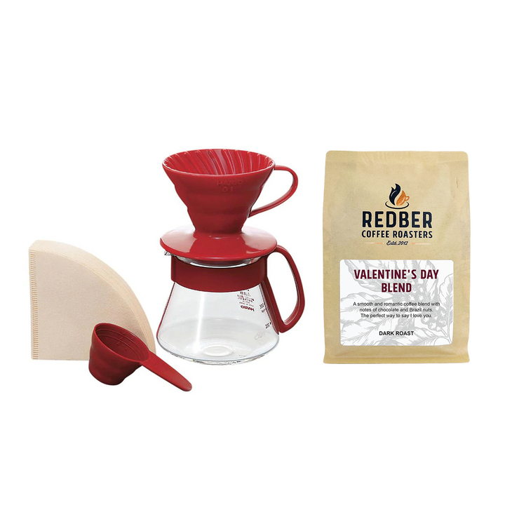 Redber, Hario V60 Ceramic Coffee Maker Kit Red Size 01 & Valentine's Day Coffee Blend 250g, Redber Coffee