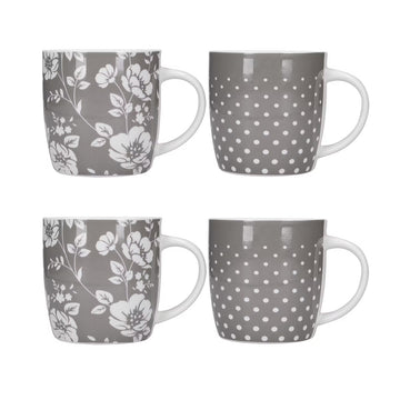 KitchenCraft, KitchenCraft Barrel Mugs Set of 4 - Grey Floral / Polka Dot, Redber Coffee