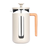 La Cafetérie Pisa 8-Cup Cafetiere with a latte finish, featuring a stainless steel frame, a borosilicate glass beaker, and a birch wood handle.
