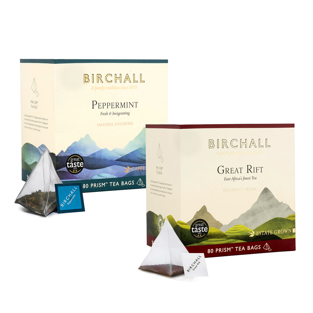 Birchall, Birchall Plant-Based Prism Tea Bags 2x 80pcs Bundle - Great Rift Breakfast Blend and Peppermint, Redber Coffee