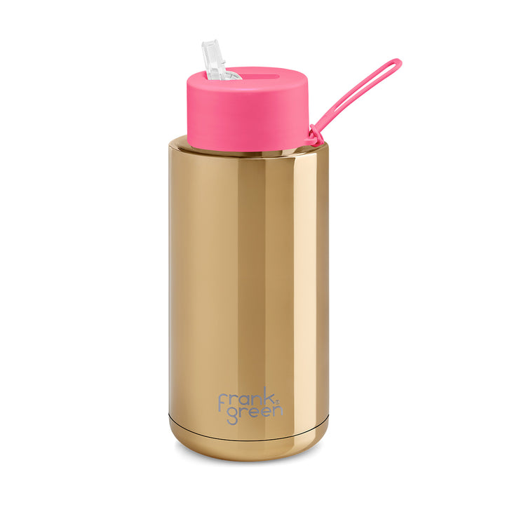 Frank Green, Frank Green 34oz/1005ml Ceramic Reusable Bottle - Gold with Neon Pink Lid, Redber Coffee