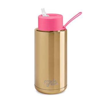 Frank Green, Frank Green 34oz/1005ml Ceramic Reusable Bottle - Gold with Neon Pink Lid, Redber Coffee