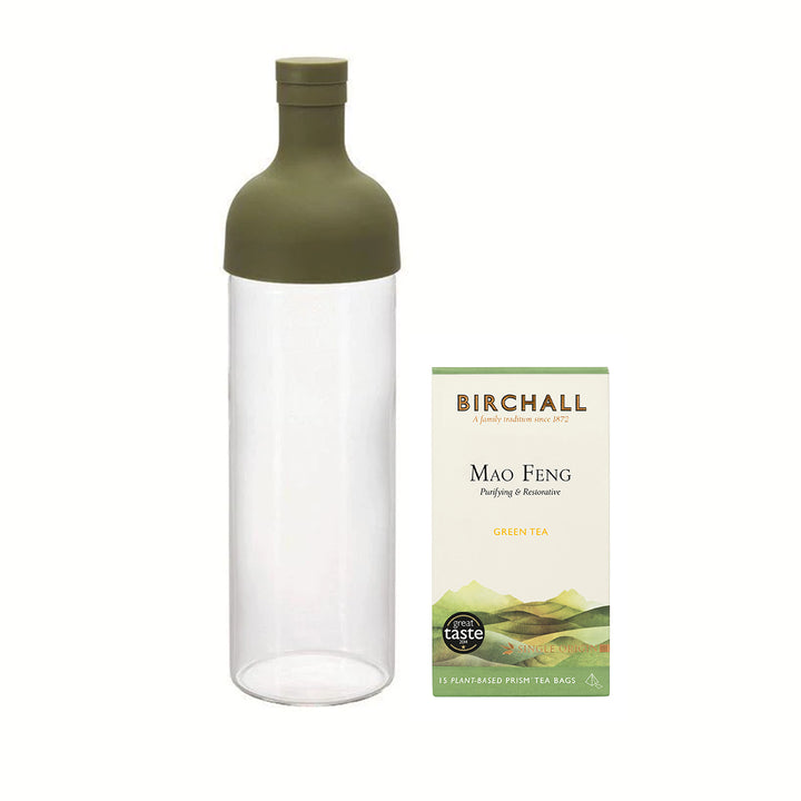 Redber, Hario Cold Brew Tea Filter Bottle 750ml in Olive Green with Birchall Mao Feng Green Tea 15 Prism Tea Bags, Redber Coffee