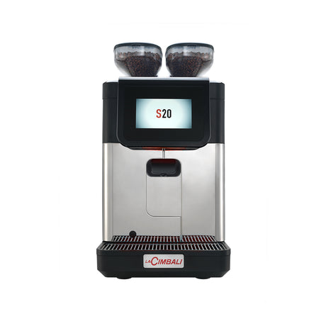Compact La Cimbali S20 bean-to-cup coffee machine, ideal for cafés, offices, and small restaurants. Features a 10.1-inch touchscreen, Smart Boiler for energy efficiency, and Turbo Milk for high-quality milk foam. Perfect for serving up to 150 cups per day with consistent, premium Italian espresso quality.