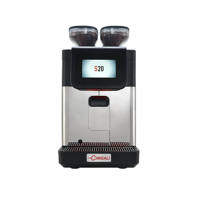 Compact La Cimbali S20 bean-to-cup coffee machine, ideal for cafés, offices, and small restaurants. Features a 10.1-inch touchscreen, Smart Boiler for energy efficiency, and Turbo Milk for high-quality milk foam. Perfect for serving up to 150 cups per day with consistent, premium Italian espresso quality.